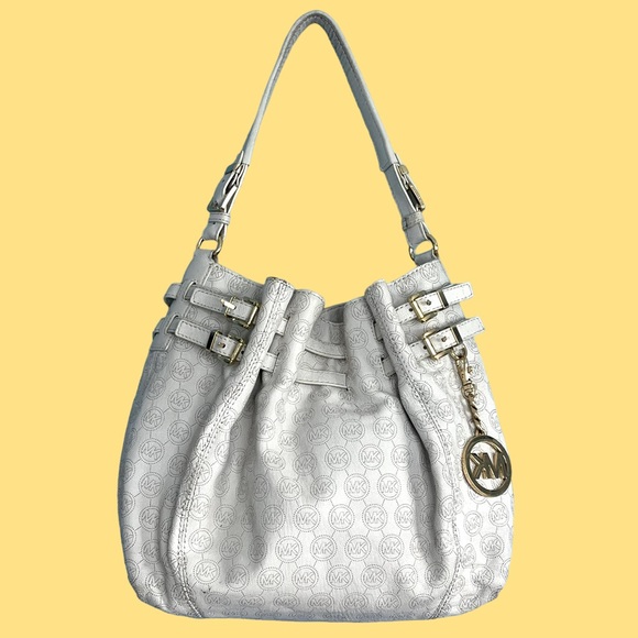 Michael Kors Edie Shoulder Bag Purse Satchel Ivory Logo Leather Gold Hardware - Picture 1 of 14